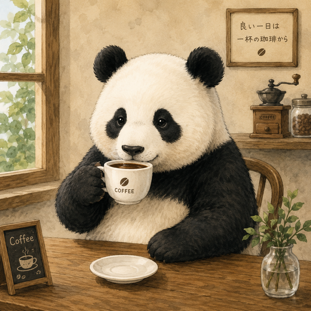 カフェの窓辺でコーヒーを飲むパンダのイラスト
